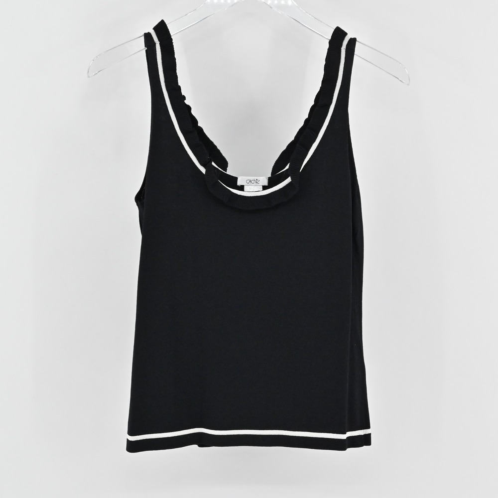 Vtg Cache Womens Knit Black Sleeveless‎ Top Size S Ruffle Neck White Trim Blouse